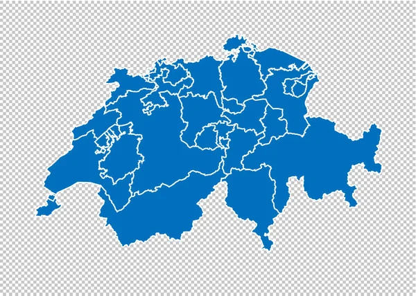 Zwitserland kaart-hoge gedetailleerde blauwe kaart met provincies/regio's/Staten van Zwitserland. Zwitserland kaart geïsoleerd op transparante achtergrond. — Stockvector