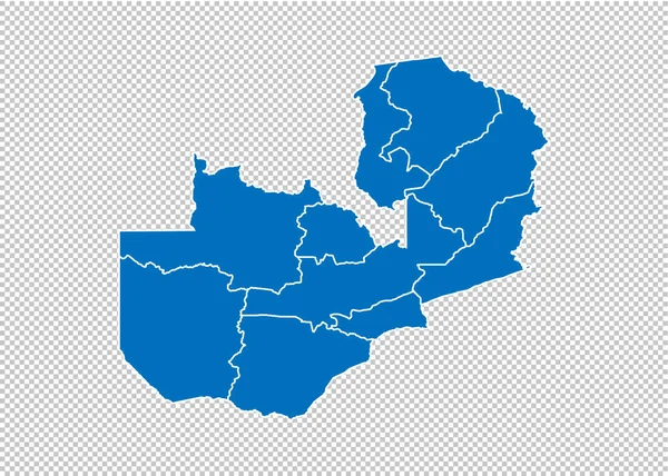Zambie map-vysoká detailní modrá mapa s okresy/regiony/stavy Zambie. Zambie mapa izolovaná na průhledném pozadí. — Stockový vektor
