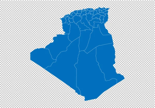 Mapa Alžírska-vysoká detailní modrá mapa s okresy/regiony/státy Alžírska. Alžírská mapa izolovaná na průhledném pozadí. — Stockový vektor