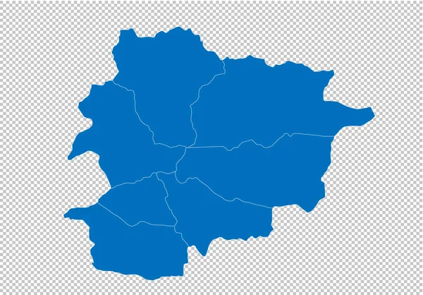Andorra harita-Andorra ilçeler/bölgeler/Devletler ile yüksek detaylı mavi harita. Andorra harita şeffaf arka planda izole. — Stok Vektör