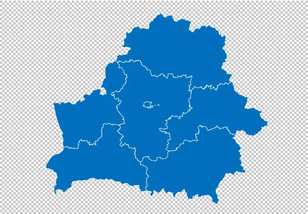 Wit-Rusland kaart-hoge gedetailleerde blauwe kaart met provincies/regio's/Staten van Wit-Rusland. Wit-Rusland kaart geïsoleerd op transparante achtergrond. — Stockvector