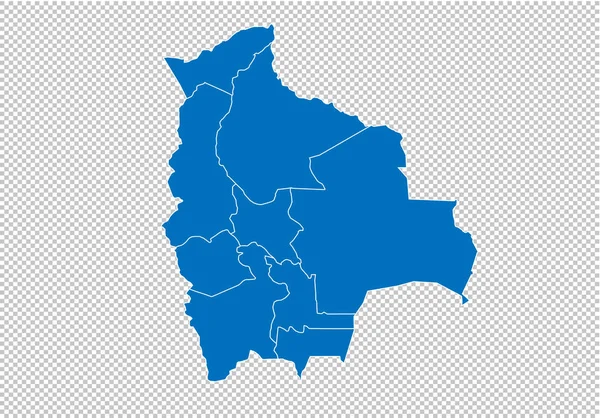 Bolívie mapa-vysoká detailní modrá mapa s okresy/regiony/státy Bolívie. Mapa bolivička izolovaná na průhledném pozadí. — Stockový vektor