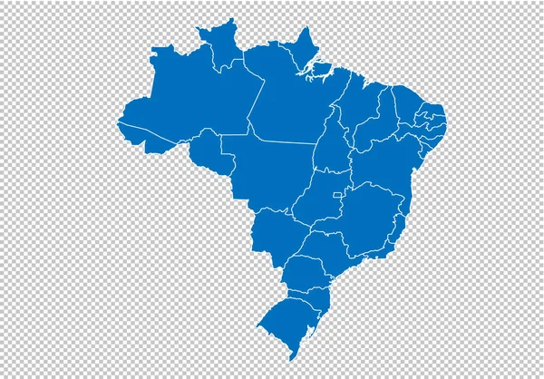 Brazilië kaart-hoge gedetailleerde blauwe kaart met provincies/regio's/Staten van Brazilië. Brazilië kaart geïsoleerd op transparante achtergrond. — Stockvector