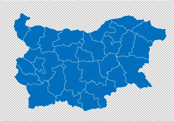 Bulgarije kaart-hoge gedetailleerde blauwe kaart met provincies/regio's/Staten van Bulgarije. Bulgarije kaart geïsoleerd op transparante achtergrond. — Stockvector