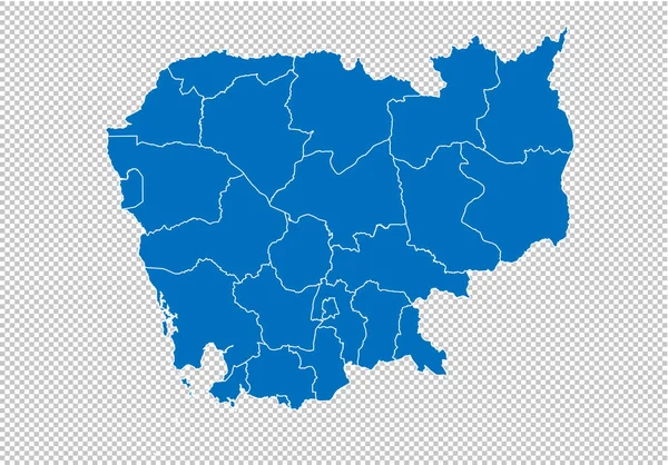 Cambodja kaart-hoge gedetailleerde blauwe kaart met provincies/regio's/Staten van Cambodja. cambodieen kaart geïsoleerd op transparante achtergrond. — Stockvector