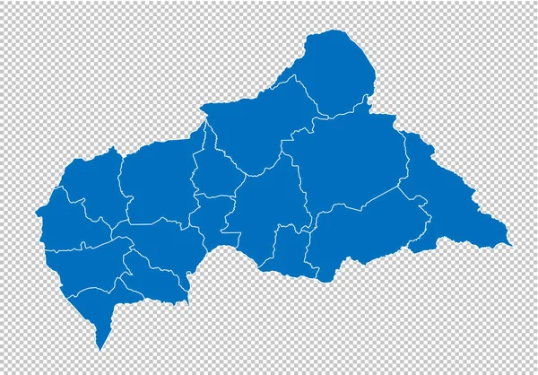Centralafrikanska republiken karta-hög detaljerad blå karta med län/regioner/stater i Centralafrikanska republiken. Centralafrikanska republiken karta isolerad på transparent bakgrund. — Stock vektor