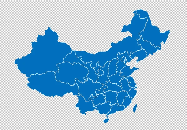 Mappa della Cina - Alta mappa blu dettagliata con contee / regioni / stati della Cina. Cina mappa isolata su sfondo trasparente . — Vettoriale Stock
