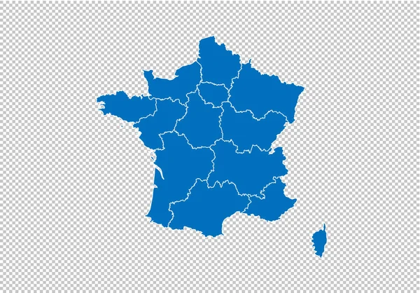 法国地图 - 高详细的蓝色地图与县/地区/州法国。在透明背景上隔离的法国地图. — 图库矢量图片