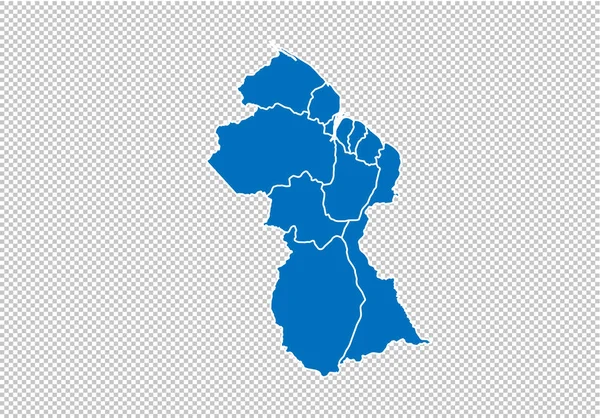 Guyana-Karte - hochdetaillierte blaue Karte mit Landkreisen / Regionen / Bundesstaaten von Guyana. Nepal-Karte isoliert auf transparentem Hintergrund. — Stockvektor