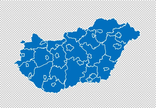 ハンガリーマップ - ハンガリーの郡/地域/州と高詳細な青いマップ。透明な背景に隔離されたネパール地図. — ストックベクタ