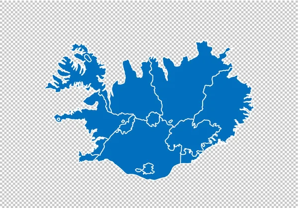 Islandkarte - hoch detaillierte blaue Karte mit Landkreisen / Regionen / Staaten von Island. Nepal-Karte isoliert auf transparentem Hintergrund. — Stockvektor