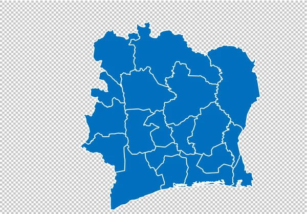 コートジボワールの地図 - コートジボワールの郡/地域/州と高詳細な青い地図。透明な背景に隔離されたネパール地図. — ストックベクタ