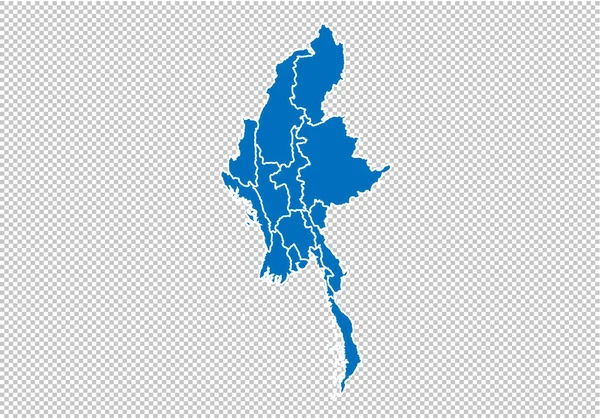 Mianmar Térkép-nagy részletes kék Térkép a megyék/régiók/Államok Mianmar. Nepál Térkép izolált átlátszó háttér. — Stock Vector