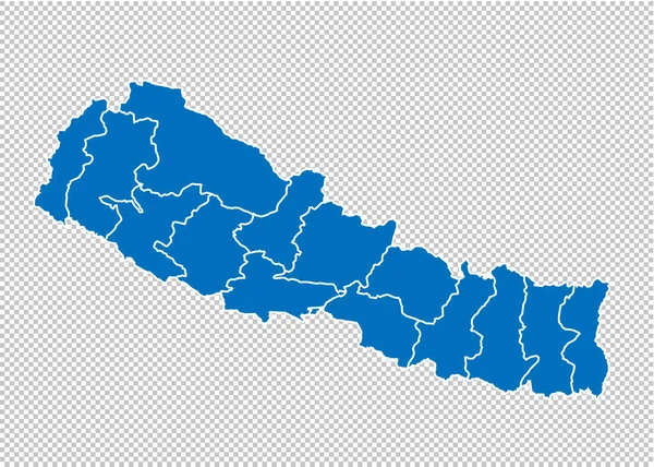 Nepálská mapa-vysoká detailní modrá mapa s okresy/regiony/státy Nepálu. nepálská mapa izolovaná na průhledném pozadí. — Stockový vektor