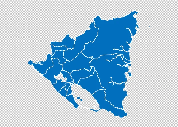 Νικαράγουα χάρτη-υψηλή Λεπτομερής μπλε χάρτη με κομητείες/περιοχές/Πολιτείες της Νικαράγουα. ο Χάρτης της Νικαράγουα απομονώνεται σε διαφανές φόντο. — Διανυσματικό Αρχείο