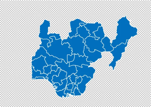 Nigeria map - hoch detaillierte blaue Karte mit Landkreisen / Regionen / Bundesstaaten Nigerias. Nigeria-Karte isoliert auf transparentem Hintergrund. — Stockvektor