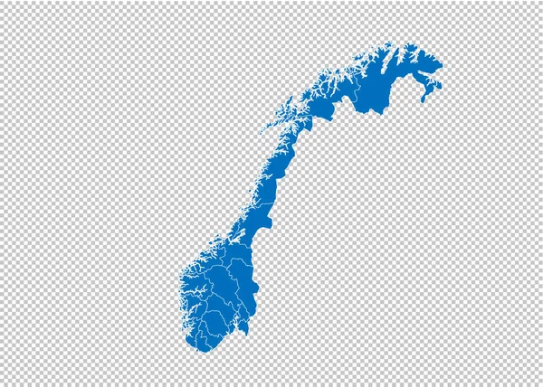 ノルウェーの地図 - ノルウェーの郡/地域/州と高詳細な青い地図。透明な背景に隔離されたノルウェーの地図. — ストックベクタ