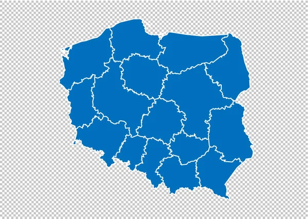 Poland map - Alta mappa blu dettagliata con contee / regioni / stati di Polonia. mappa poland isolata su sfondo trasparente . — Vettoriale Stock