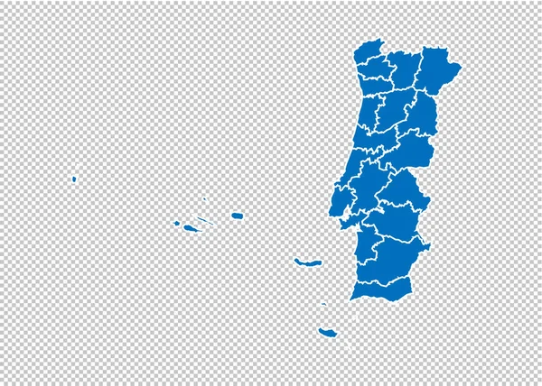 Mapa Portugalii-wysoka Szczegółowa niebieska mapa z powiatów/regionów/Stanów Portugalii. Portugalia Mapa odizolowana na przezroczystym tle. — Wektor stockowy
