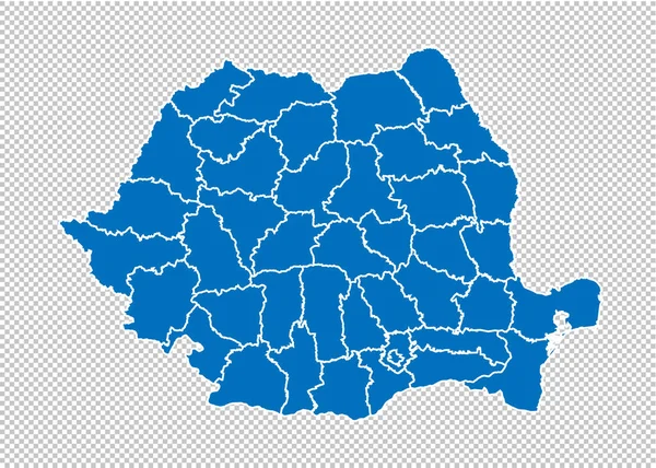Rumänien karta-hög detaljerad blå karta med län/regioner/stater i Rumänien. Rumänien karta isolerad på transparent bakgrund. — Stock vektor