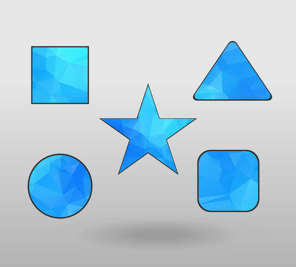 Многоугольные геометрические фигуры. Набор элементов дизайна с квадратом, кругом, прямоугольником, звездой, треугольником. красочная форма в современном полигональном кристаллическом стиле на белом фоне
.