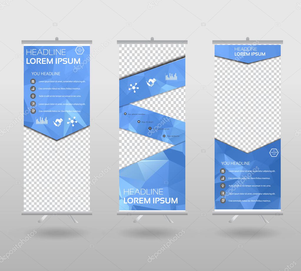 Roll Up Banner template and info graphics stand design, advertisement, display, business flyer, polygon background. vector illustration.