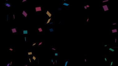 Siyah arka plana düşen renkli konfetilerin canlı animasyonunun tadını çıkar. Kutlamalarda, partilerde ya da şenlikli etkinliklerde kullanılmak için mükemmel, bu dinamik tasarım her türlü neşeli olayı geliştirir..