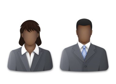 başarılı genç afro işadamı ve gri iş elbisesi ve beyaz gömlek, vektör, illüstrasyon iş kadını