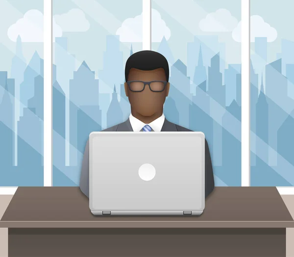 Bem Sucedido Jovem Empresário Afro Trabalhando Laptop Escritório Paisagem Urbana —  Vetores de Stock