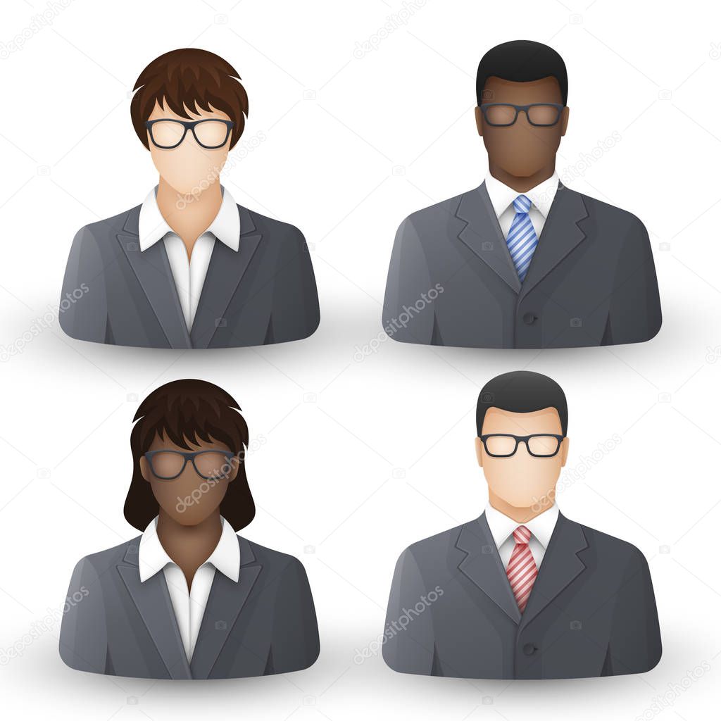  Team of men and women in business suits and white shirts, vector, illustration