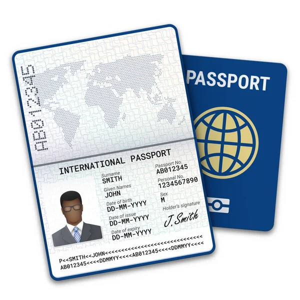 Nemzetközi Útlevél Sablon Afro Man Biometrikus Adatok Azonosítási Minta Fénykép — Stock Vector