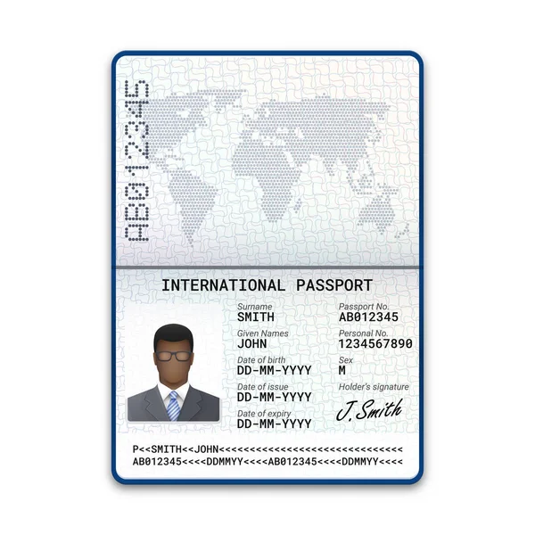 Plantilla Pasaporte Internacional Afro Hombre Con Identificación Biométrica Datos Muestra — Archivo Imágenes Vectoriales