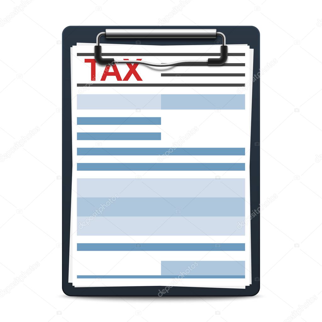 Clipboard with attached tax form, vector, illustration 