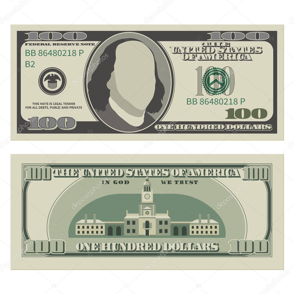 front and reverse sides of one hundred dollar banknote, vector, illustration