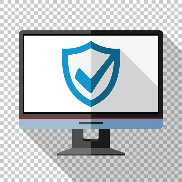 Icono de monitor en estilo plano con escudo de seguridad en la pantalla y sombra larga sobre fondo transparente — Vector de stock