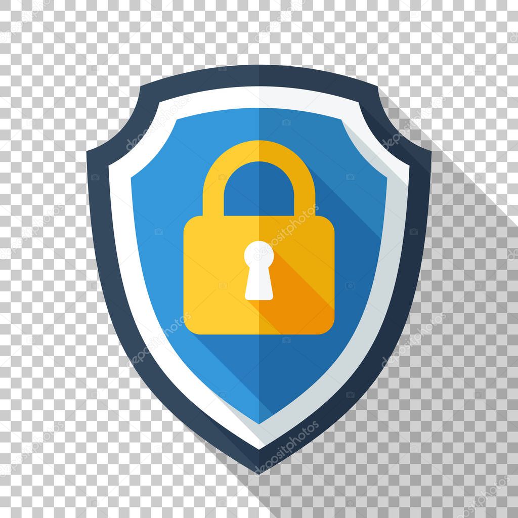 Protective shield with locked padlock icon in flat style with long shadow on transparent background