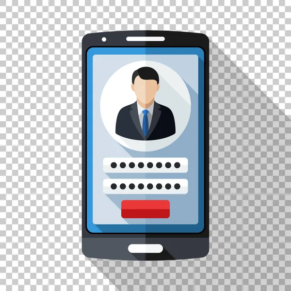 Ícone de smartphone em estilo plano com formulário de login do usuário na tela e sombra longa em fundo transparente — Vetor de Stock