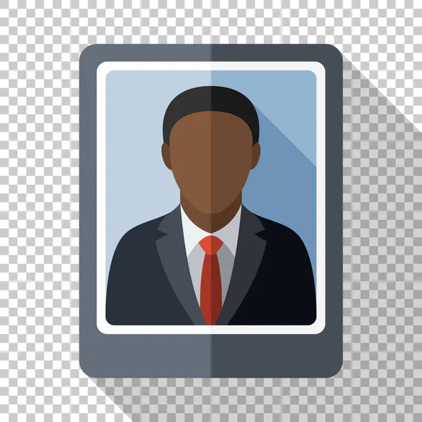 투명 한 바탕에 긴 그림자와 평면 스타일에서 비즈니스 정장에 흑인 남자의 사진 — 스톡 벡터