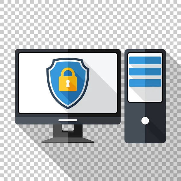 Icono del ordenador de sobremesa en estilo plano con un escudo protector en una pantalla sobre fondo transparente — Archivo Imágenes Vectoriales