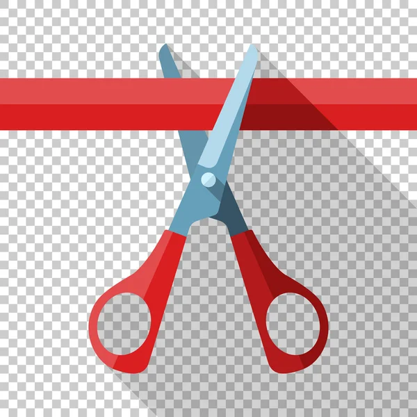 Scissors in flat style with long shadow cut the red ribbon on tr — Stock Vector