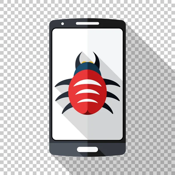 Smartphone-Symbol im flachen Stil mit Malware auf transparentem Hintergrund infiziert — Stockvektor