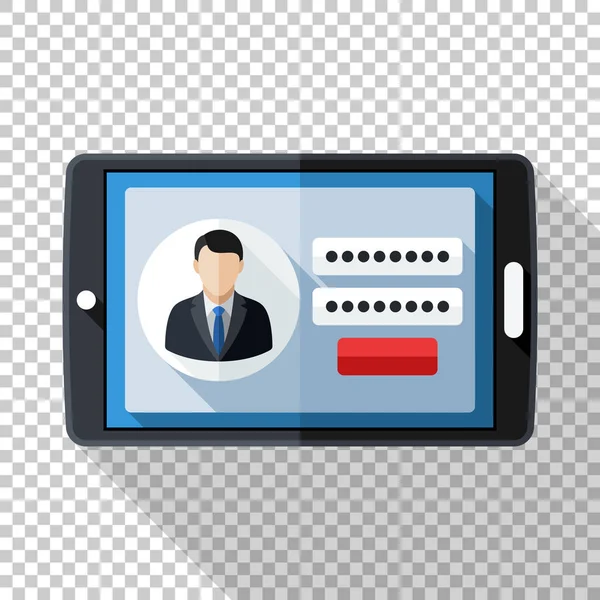 Ícone Tablet em estilo plano com formulário de login do usuário na tela em fundo transparente — Vetor de Stock