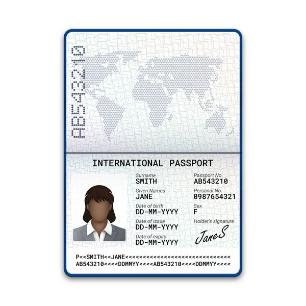 Modelo de passaporte feminino internacional com foto de uma mulher negra, assinatura e outros dados pessoais. Ilustração vetorial — Vetor de Stock