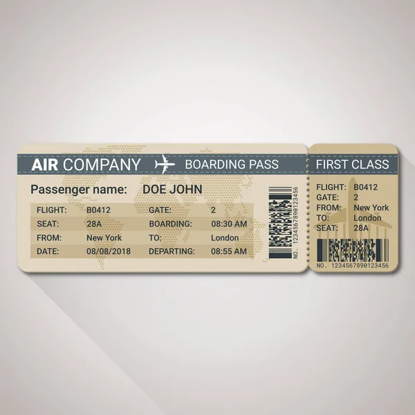 Bordkartenvorlage für ein Flugzeug mit Fluggastnamen und Zielroute. Vektorillustration — Stockvektor
