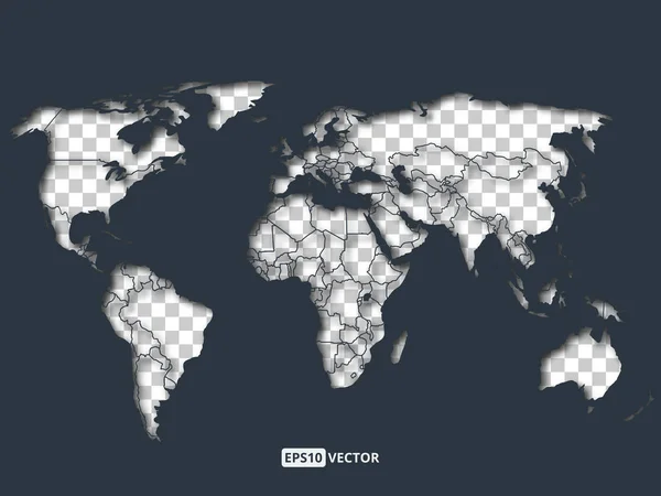 Weltkarte mit dunkelblauen Ozeanen, die einen sanften Schatten auf die transparenten Kontinente werfen. Vektorillustration — Stockvektor