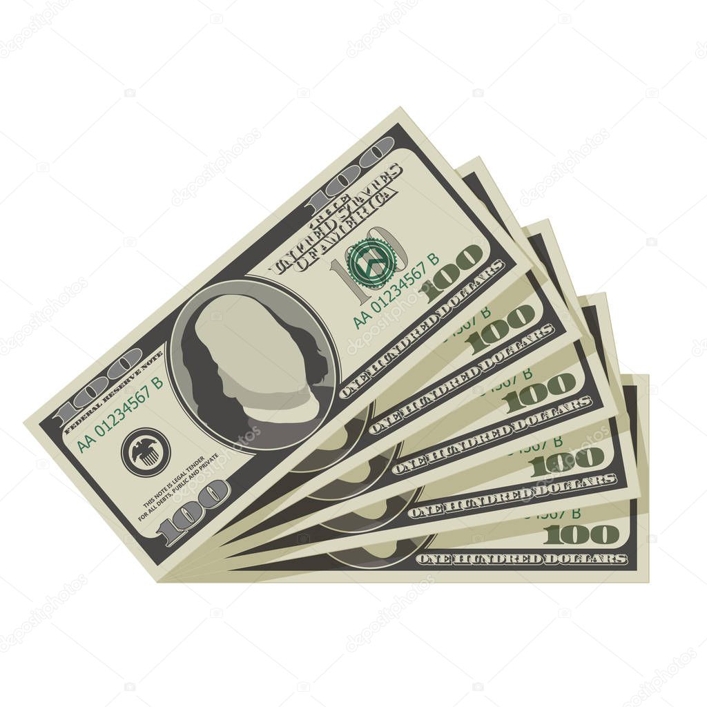 Fan of one hundred dollar bills. Vector illustration isolated on white background