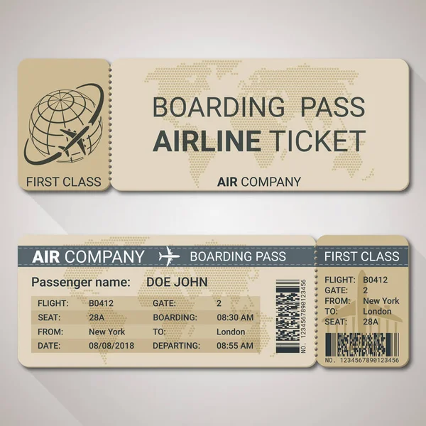Boarding pass ticket template for a plane from two sides with passenger name and destination route. Vector illustration — Stock Vector