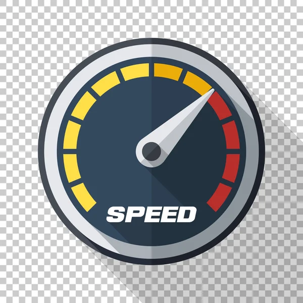 Speedometer icon in flat style with long shadow on transparent background — Stock Vector