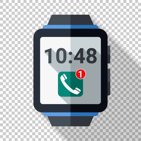 SmartWatch med meddelande om missade samtal. Smart Watch-klocka ikon i platt stil med långa skugga på transparent bakgrund — Stock vektor