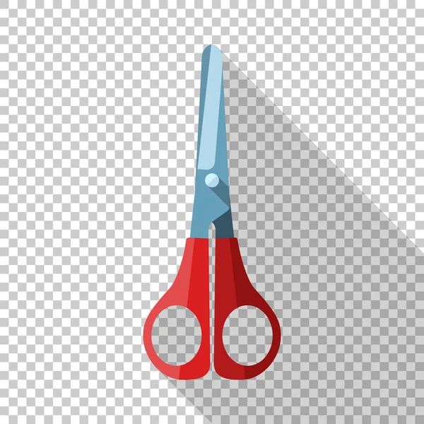 Nůžky ikona s červenou rukojetí v ploché styl s dlouhý stín na průhledném pozadí — Stockový vektor